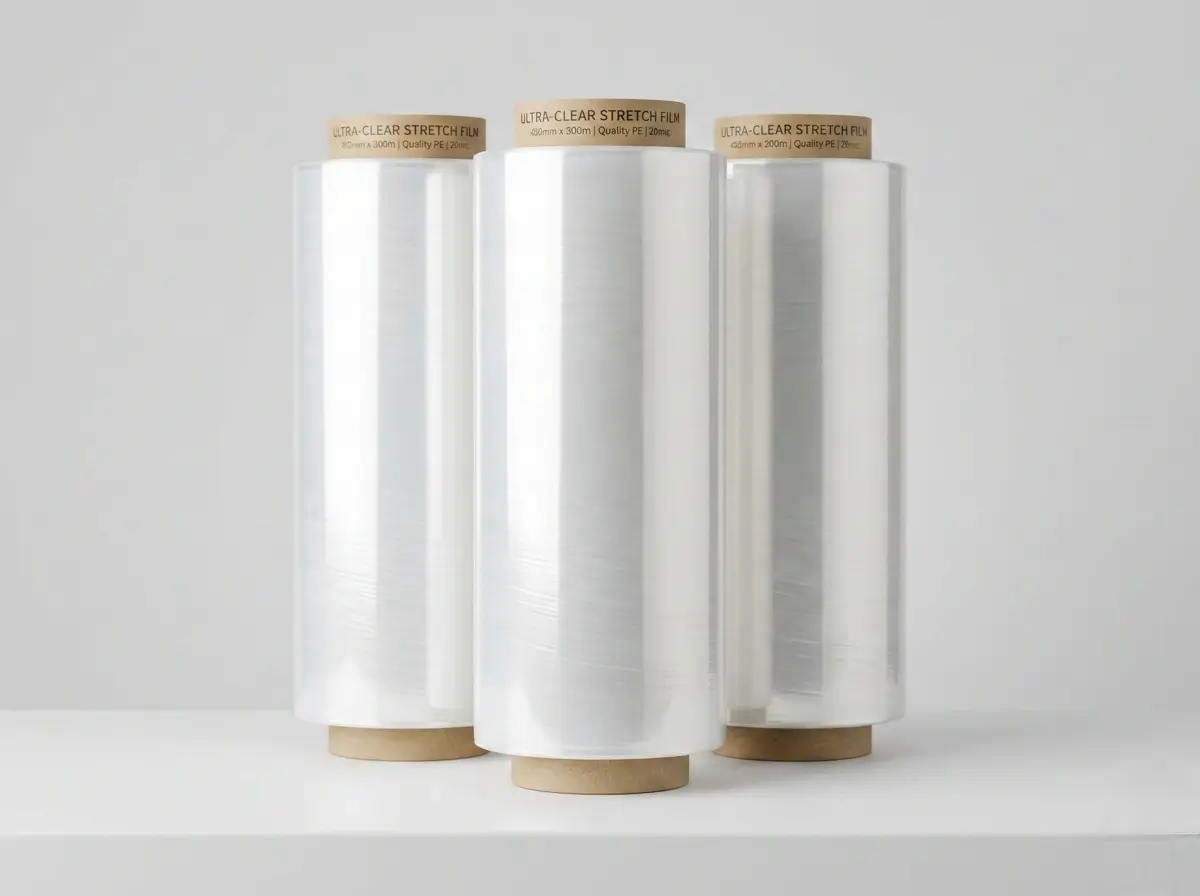Three clear stretch film rolls without company names