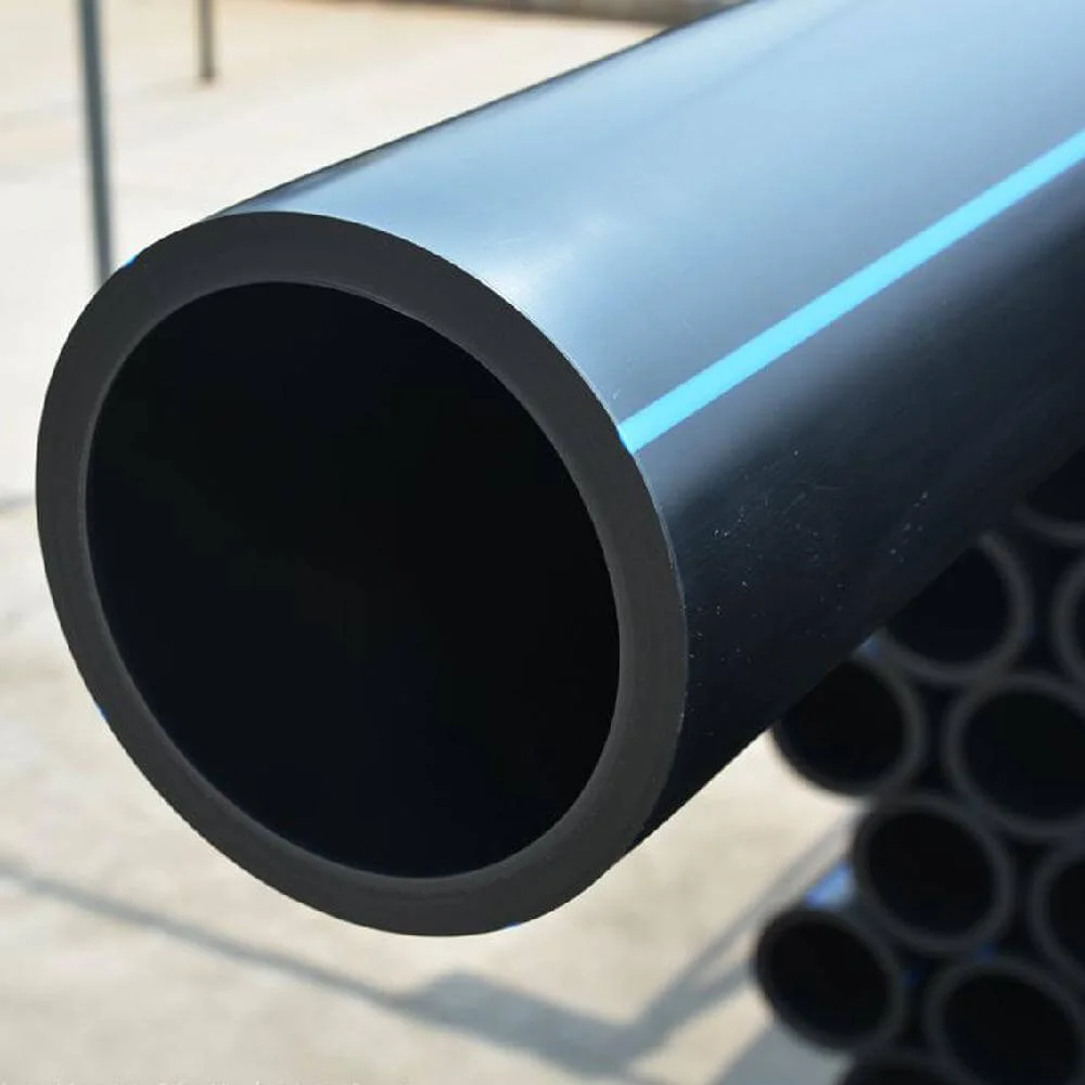 Unbranded black plastic pipe with a blue identification stripe