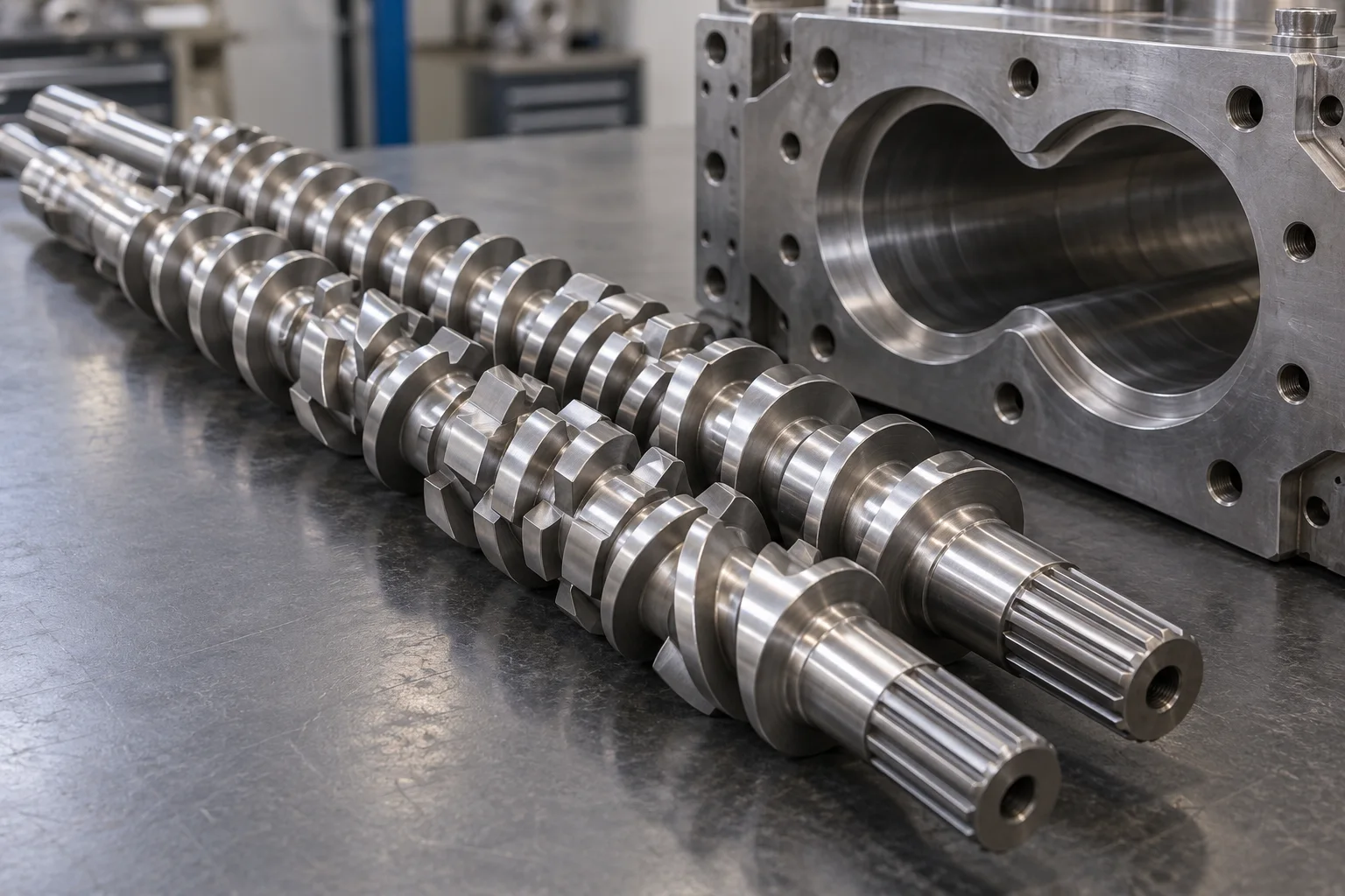 Illustrative parallel extruder screws and a matching barrel segment