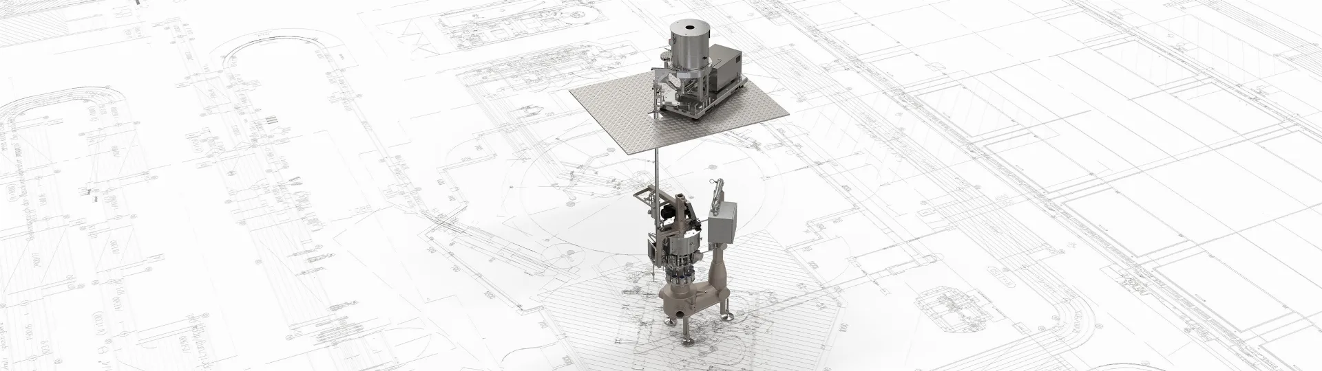 Closing equipment shown over a technical production line drawing