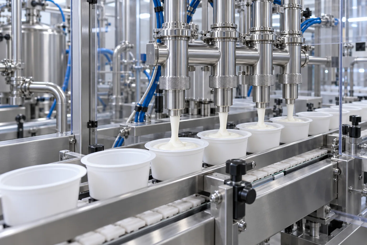 Illustrative dairy filling line with plain white yogurt cups beneath dosing nozzles