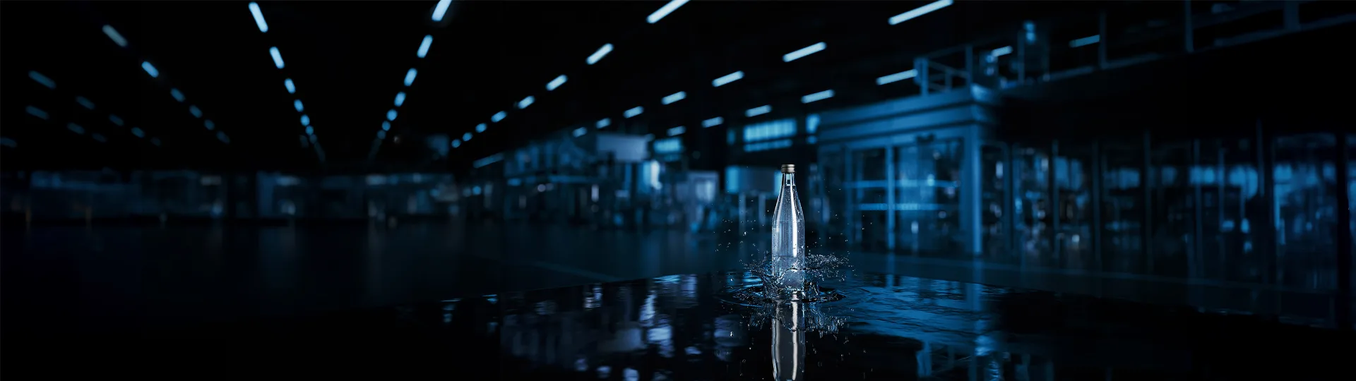 Unbranded glass bottle with water on a reflective surface