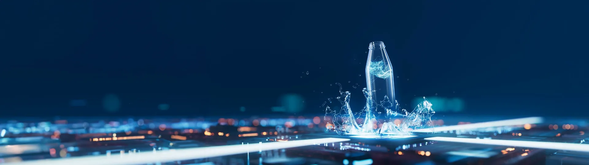 Unlabelled beverage bottle surrounded by a splash of liquid