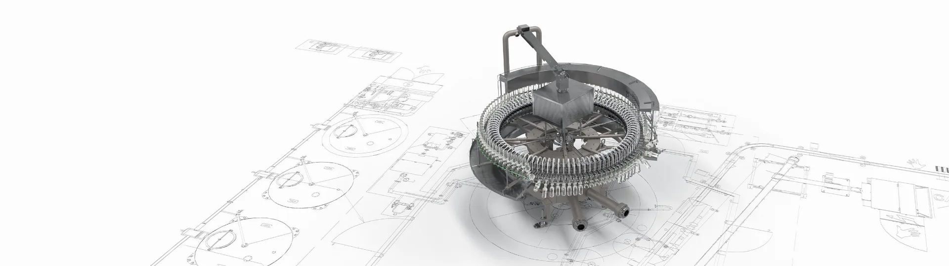 Rotary container rinsing equipment over a technical line drawing