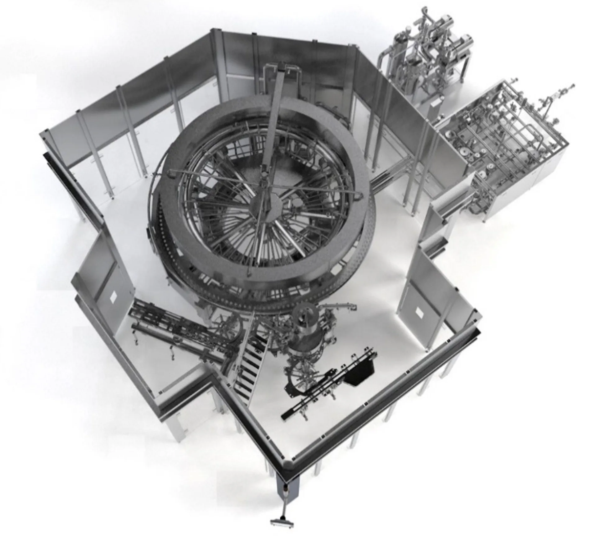 Overhead view of a rotary filling system and connected product pipework