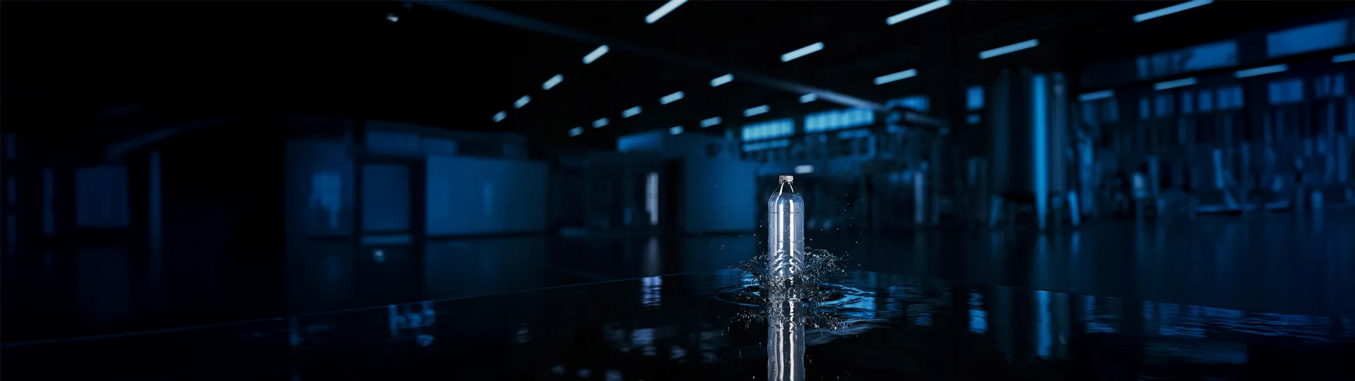 Unlabelled PET water bottle against a bottling line background