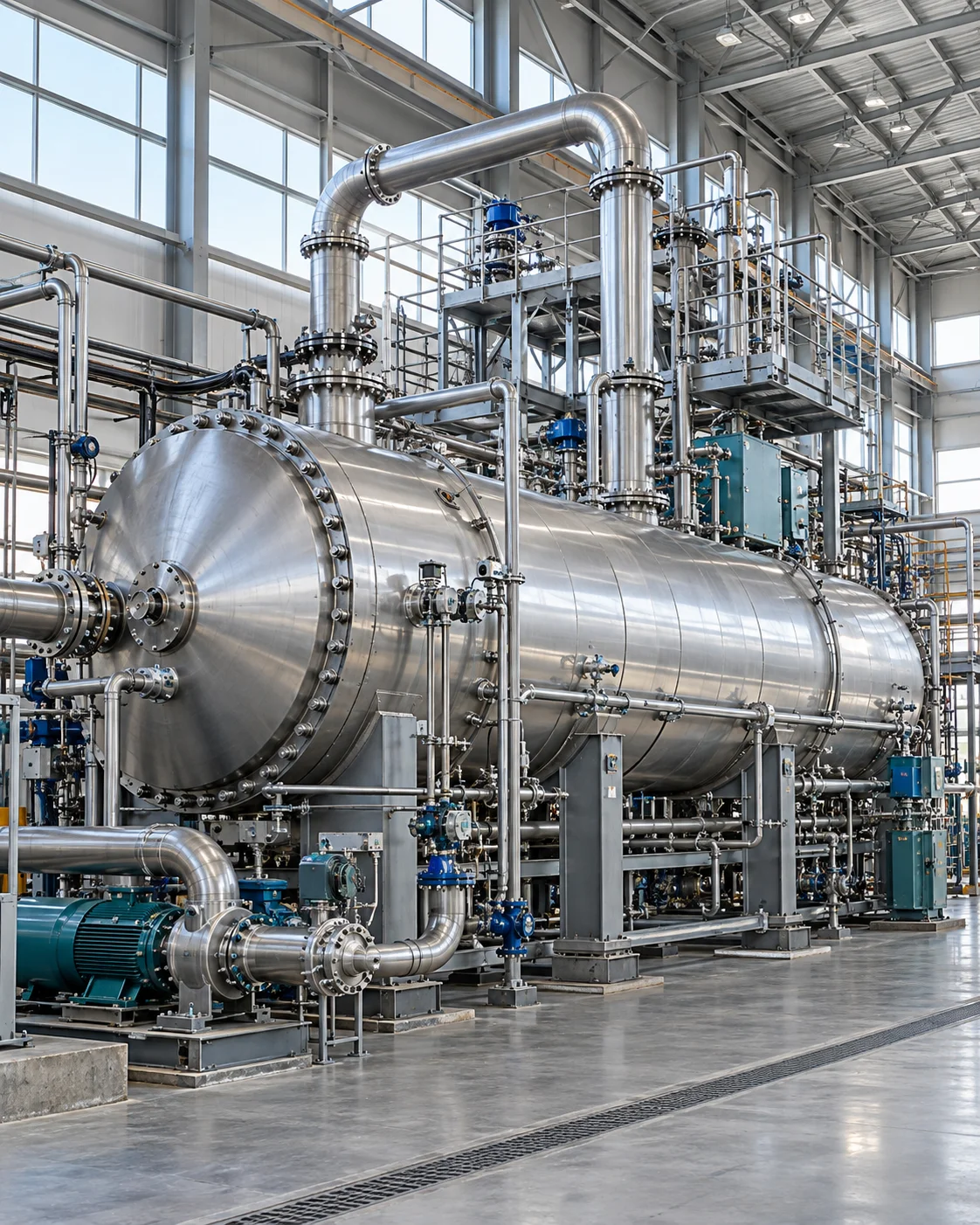 Illustration of an unbranded industrial reactor and stainless steel pipework in a factory