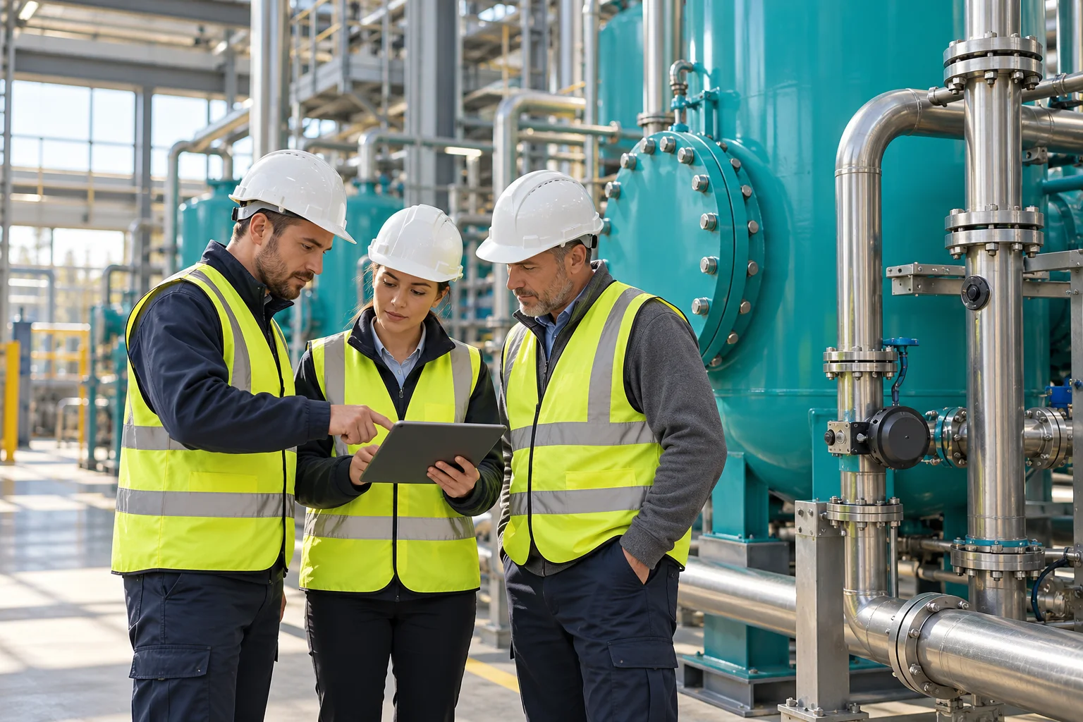 Engineers discussing industrial machinery